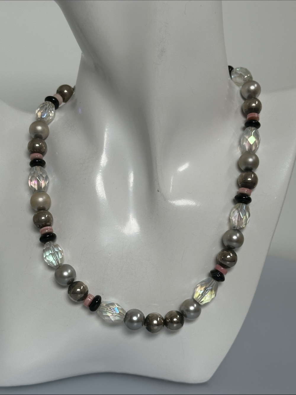 925 Sterling Silver Multi-Tone Beaded Necklace in Gray and Pink